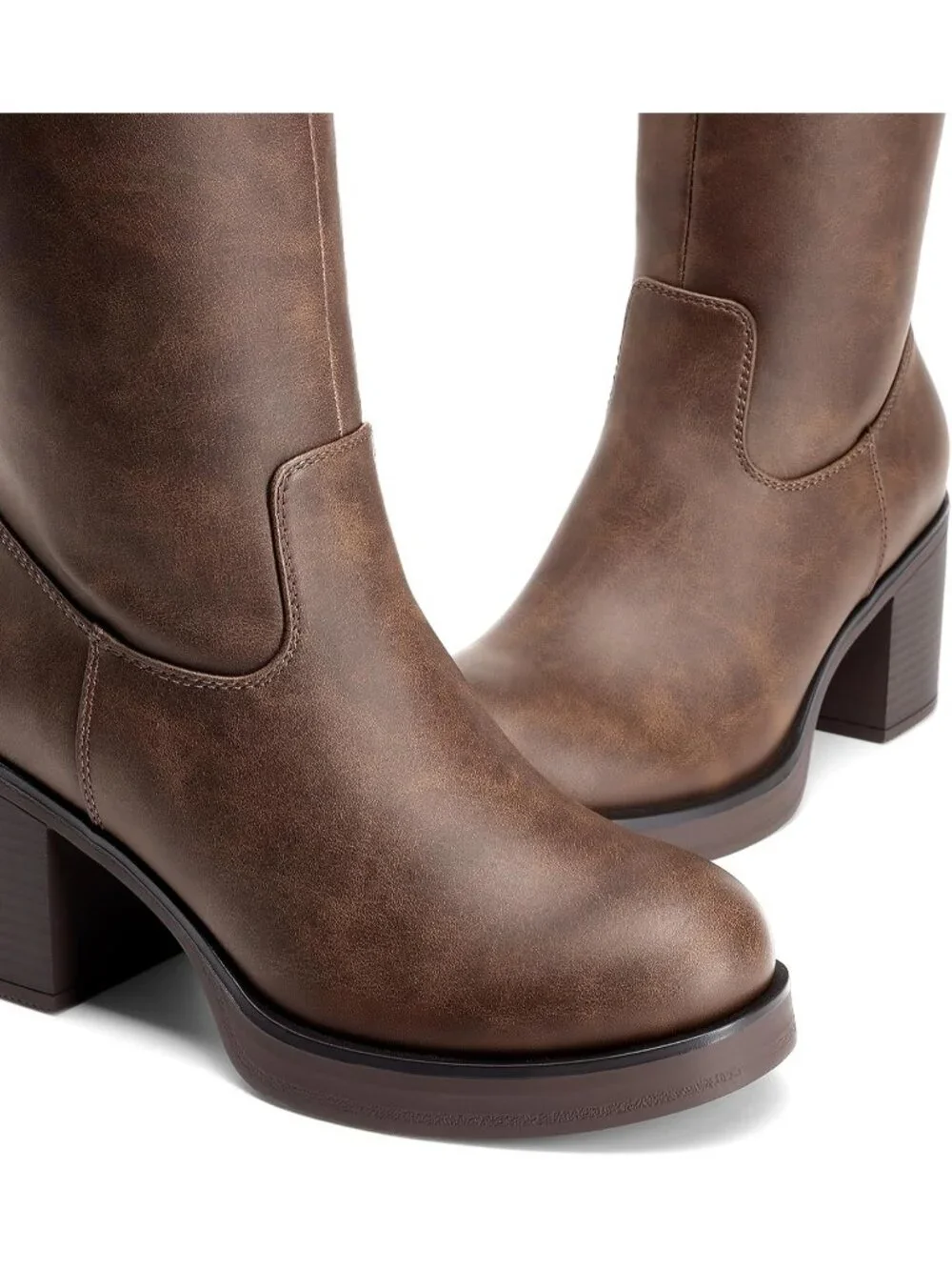 Women's Dark Brown Block Heel Round Toe Faux Leather Side Zipper Knee High Boots